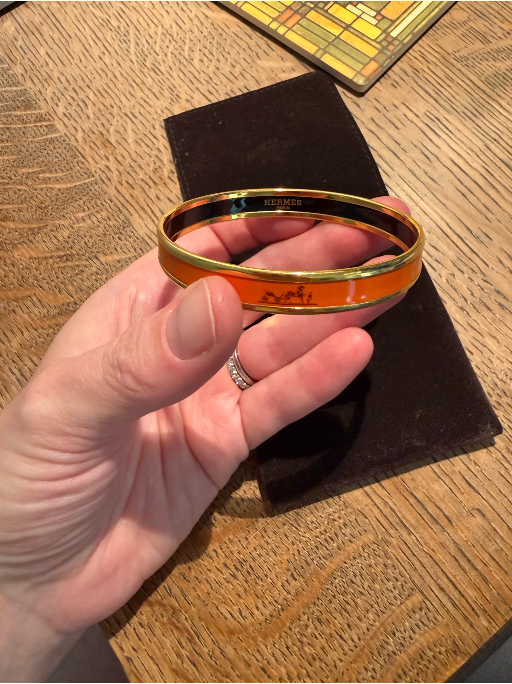 Hermes Classic Orange And Black With Gold Trim Enamel Bangle